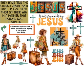 May include: A collage of religious imagery featuring the word "JESUS" in various styles, watercolour depictions of Jesus, crosses, and inspirational quotes. Women with luggage are also depicted.
