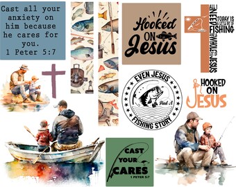 May include: A digital collage of watercolour illustrations and text graphics featuring a father and son fishing. The text includes the Bible verse "Cast all your anxiety on him because he cares for you. 1 Peter 5:7" and the phrase "Hooked on Jesus".
