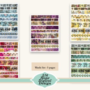 May include: A collection of washi tape designs with religious themes. The designs feature crosses, text like "KING," "child," and "God," and various color schemes including blue, pink, and purple. The set includes 5 pages of digital designs.