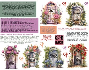 Peut inclure: Un collage d'images à l'aquarelle représentant des portes arquées ornées de fleurs. Chaque porte présente un verset biblique différent. Le texte comprend des phrases comme "Dieu me soutient" et "Le Seigneur veille sur vous."