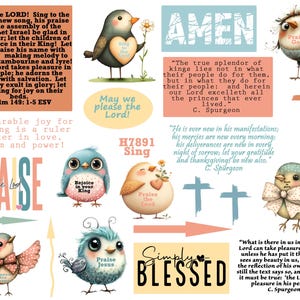 Può includere: Una collezione di illustrazioni di uccelli stravaganti con temi religiosi. L'immagine include elementi testuali come "Praise the Lord", "Amen" e "Simply Blessed". Gli uccelli sono raffigurati in varie pose, con fiori e cuori, con colori pastello tenui.