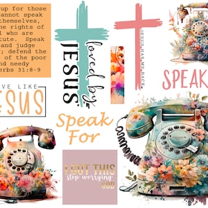 Puede incluir: Una impresión de arte digital con un diseño de estilo acuarela que presenta un teléfono rotatorio vintage con flores y el texto "Speak Up" y "Jesus Has My Back". La impresión también incluye el texto "Speak For", "I Got This Stop Worrying God", "Love Like Jesus", y "Jesus Loved By".