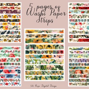 Op de afbeelding: Vijf pagina's met digitale washi tape strips met bloemenpatronen, kruisen en religieuze tekst. De tekst bevat "God is God", "Gemaakt" en "Gezegend".