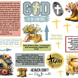 Könnte beinhalten: Eine Collage von Bildern mit christlichem Thema. Die Bilder zeigen einen gelben Schulbus, ein Vogelhaus, ein Kreuz und ein Paar Stiefel. Der Text in den Bildern enthält Zitate über Gott, die Ewigkeit und den Himmel.