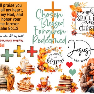 Könnte beinhalten: Eine digitale Collage aus Herbstmotiven mit christlichen Zitaten und Sprüchen. Die Bilder zeigen ein Kreuz, einen Blätterkranz, eine Tasse Kaffee, einen Kürbis, eine Frau mit einer Tasse Kaffee und einen Bücherstapel. Der Text lautet "Chosen Blessed Forgiven Redeemed", "Thankful and Blessed", "Pumpkin Spice & Jesus Christ" und "Jesus is the way".