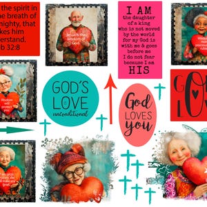 May include: A collage of images with Christian themes. The images feature hearts, crosses, and inspirational quotes about God's love, wisdom, and protection. The text includes quotes from the Bible, such as "God's love is unconditional" and "Wisdom will protect you".