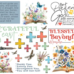 Puede incluir: Un collage digital con citas e imágenes inspiradoras. Las citas incluyen "Sé paciente, Dios solo está moviendo las piezas", "Bendecido más allá de toda medida" y "Corazón agradecido". Las imágenes incluyen mariposas, flores y libros abiertos.