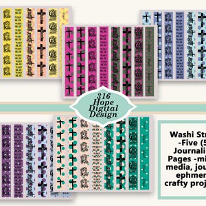 Op de afbeelding: Een verzameling washi-strips met religieuze thema's. De strips tonen kruisen, het woord "JESUS" en andere inspirerende teksten. Het kleurenpalet omvat tinten groen, roze, paars en blauw. De afbeelding bevat ook de tekst "316 Hope Digital Design".