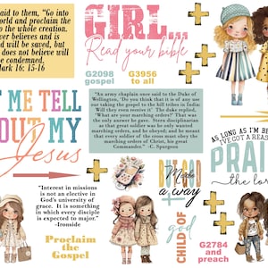 Könnte beinhalten: Eine Collage mit christlichen Grafiken mit Texten wie „Lasst mich über meinen Jesus erzählen“ und „Preist den Herrn“. Enthält Illustrationen von Kindern, Kreuzen und Bibelversen. Die Farbpalette ist weich und pastellfarben.