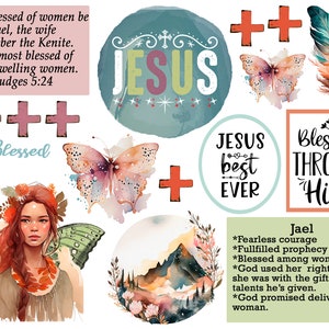 Könnte beinhalten: Eine digitale Collage aus Aquarell-Illustrationen und Text. Die Collage zeigt einen Schmetterling, eine Feder, eine Berglandschaft, eine Frau mit roten Haaren und mehrere Kreuze. Der Text enthält die Wörter "Jesus", "Gesegnet", "Jael", "der Beste aller Zeiten" und "Gesegnet durch Ihn".