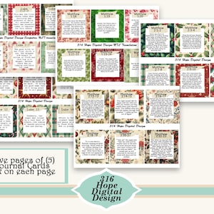 May include: A collection of journal cards with Bible verses, featuring festive Christmas-themed borders with red, green, and floral designs. The cards are arranged in sets of six on five pages, with text from Luke and Matthew.