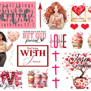 May include: A digital collage of images with a Christian theme. The images include hearts, crosses, cupcakes, and text that says "Love like Jesus", "But God", "Start today with Jesus", and "Jesus Everything".