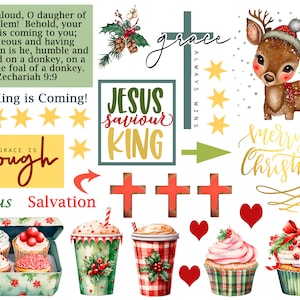 May include: A digital printable sheet with Christmas themed illustrations and text. The illustrations include a reindeer, cupcakes, coffee cups, hearts, and a cross. The text includes "Jesus Saviour King", "His Grace is Enough", "Your King is Coming", "Merry Christmas", and "Grace Always Wins".
