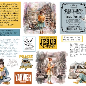 May include: A collage of watercolor illustrations with religious themes. The image includes text from Psalms, inspirational quotes, and depictions of people reading books in a library setting. The words "Jesus Christ" are prominently displayed.