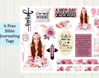 May include: Six free printable Bible journaling tags with pink and white floral designs. The tags feature inspirational quotes such as "Start today with Jesus", "Good Morning", "A New Day, A New Blessing, A New Hope", "Rise Up & Pray", and "Amen".