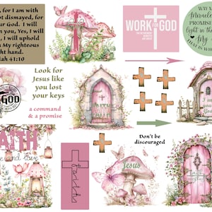 Puede incluir: Un collage de ilustraciones en acuarela con temas religiosos. Incluye setas rosas, arreglos florales, cruces y puertas arqueadas con textos como "Fe", "Jesús" y versículos bíblicos. También hay mariposas y linternas.