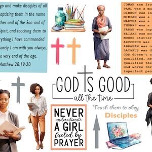 Pode incluir: Uma ilustração colorida com um tema religioso. A imagem apresenta cruzes, uma mulher lendo um livro, uma mulher com um laptop e o texto "Deus é bom - o tempo todo".