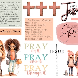 May include: A digital collage with a pink and white color scheme. The collage features illustrations of two girls, crosses, and text that includes the words "Pray", "Jesus", "God", and "Love Like Jesus".