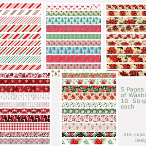 Op de afbeelding: Vijf pagina's met printbare kerstthema washi tape ontwerpen. Elke pagina heeft 10 stroken washi tape met verschillende patronen, waaronder snoepstokken, sneeuwvlokken, ruitjes en kerststerren.