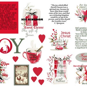 Pode incluir: Uma colagem festiva com elementos religiosos e natalinos. Inclui uma cena de natividade, uma &aacute;rvore de Natal, cora&ccedil;&otilde;es e uma x&iacute;cara de caf&eacute; com as palavras "Hope in the Lord". As palavras "Joy", "Jesus" e "Devine King" tamb&eacute;m est&atilde;o presentes.