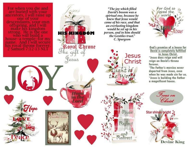 Pode incluir: Uma colagem festiva com elementos religiosos e natalinos. Inclui uma cena de natividade, uma &aacute;rvore de Natal, cora&ccedil;&otilde;es e uma x&iacute;cara de caf&eacute; com as palavras "Hope in the Lord". As palavras "Joy", "Jesus" e "Devine King" tamb&eacute;m est&atilde;o presentes.