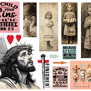 May include: A collage of Christian-themed images, including a depiction of Jesus on the cross, a quote from the Bible, and a variety of inspirational messages. The images are in a variety of styles, including vintage and modern.