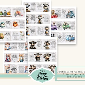 Può includere: Un set di biglietti per journaling, 7,6 x 10,2 cm, con illustrazioni ad acquerello di animali e uccelli con versetti biblici. Le carte sono disposte su cinque pagine, con uno striscione turchese e beige in basso con la scritta "316 Hope Digital Design".