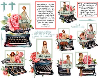 Puede incluir: Un conjunto de 10 imágenes digitales imprimibles de máquinas de escribir vintage con flores de acuarela y citas inspiradoras. Cada imagen presenta una cita diferente de la Biblia, incluyendo "¿No te he mandado que seas fuerte y valiente? No temas ni te intimides, porque el Señor tu Dios está contigo dondequiera que vayas. Josué 1:9" y "Este libro de la ley no se apartará de tu boca, sino que meditarás en él de día y de noche, para que observes y hagas conforme a todo lo que está escrito en él. Entonces prosperarás en tu camino, y entonces tendrás éxito. Josué 1:8".