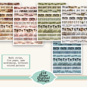 Op de afbeelding: Washi strips met religieuze thema's. De strips bevatten de woorden 'FAITH' en 'redeemed', samen met kruisafbeeldingen. De ontwerpen worden herhaald over vijf pagina's met verschillende gekleurde patronen. De tekst '316 Hope Digital Design' is ook aanwezig.