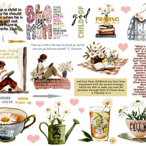 Puede incluir: Un collage de ilustraciones en acuarela con citas inspiradoras y detalles florales. Presenta una taza de té, una regadera y un suéter con el texto "Mama Prays". Incluye texto de Proverbios 22:6.