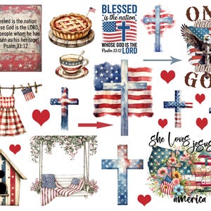 May include: A collection of patriotic-themed illustrations featuring American flags, crosses, hearts, and a birdhouse. The image includes text that reads "Blessed is the nation" and "One Nation Under God". The color palette is red, white, and blue.