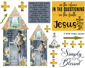 May include: A digital collage with a religious theme. The image features two blue houses with white doors and windows, a white church, a yellow cross, and a yellow sign with the text "in the silence IN THE QUESTIONING in the faith Jesus". The text "A PLACE FOR YOU" appears on each house. The text "Simply Blessed" appears in a decorative font with a heart symbol. The text "I will come again" appears with an arrow pointing to the right.