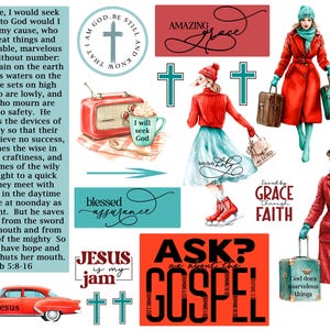 Puede incluir: Un collage de imágenes coloridas con temas cristianos. Las imágenes incluyen un coche rojo con la palabra "Jesús" en él, una radio roja con una taza que dice "Buscaré a Dios", una mujer con un abrigo rojo y una maleta que dice "Dios hace grandes cosas", una mujer con un vestido azul y una maleta que dice "Mi Señor", y una mujer con un abrigo rojo y una maleta que dice "Dios hace cosas maravillosas". El texto "Amazing Grace" está escrito en cursiva sobre un fondo rojo. El texto "Ask? Not about the Gospel" está escrito en negro sobre un fondo rojo. El texto "Jesus is my jam" está escrito en negro sobre un fondo blanco. El texto "Blessed Assurance" está escrito en negro sobre un fondo azul. El texto "Saved by Grace through Faith" está escrito en negro sobre un fondo blanco. El texto "Yo soy Dios, estate quieto y sabe que yo soy Dios" está escrito en negro sobre un fondo blanco.