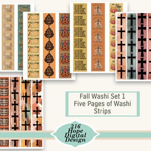 May include: A collection of five pages of washi strips with fall and religious themes. Designs include crosses, leaves, pumpkins, and text such as "Fall for Jesus" and "Thankful". The set is from 316 Hope Digital Design.