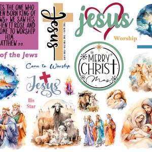 May include: A watercolour illustration of the Nativity scene with the three wise men, a star, angels, and the words "King of the Jews", "Come to Worship", "Merry Christ Mas", and "Jesus".