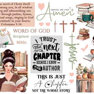May include: A digital collage with a religious theme. It features a woman reading a book, a stack of books, a cup of coffee, and the words "I trust the next chapter because I know the author." The collage also includes the words "Word of God", "Scripture", "Bible", "Amen", "Jesus", and "This is just a chapter, not the whole story."