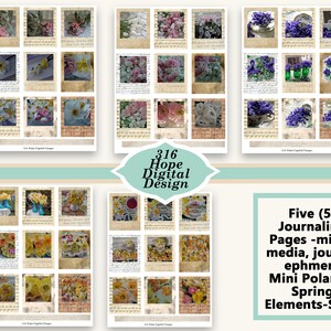 May include: Five digital journaling pages featuring a mix of floral images in a vintage Polaroid style. The images include yellow daffodils, pink roses, and purple flowers. The pages are designed for scrapbooking, journaling, and mixed media projects.