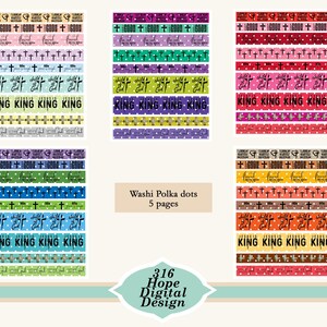 May include: A collection of washi tape designs with religious themes. The tapes feature crosses, polka dots, and phrases like "God" and "King." The color palette includes pink, purple, green, red, and brown. The text "Washi Polka dots 5 pages" is also visible.