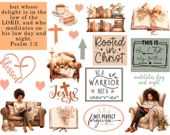 May include: A digital collage of inspirational quotes and images. The quotes include "Rooted in Christ", "Be a Warrior Not a Worrier", "Not Perfect, Forgiven", "This is How I Fight My Battles", "Blessed", "Jesus", and "Meditates Day and Night". The images include a bookshelf, a book with a ribbon, a cross, a heart, a dog sleeping on a book, a woman reading a book, and a book with flowers.