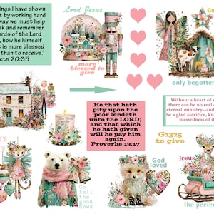 May include: A collage of Christmas-themed illustrations with text. Includes a snow globe, a nutcracker, a nativity scene, a house, a candle, a deer in a sleigh, a fox, a polar bear, and a leopard. The text includes Bible verses and phrases like "Merry Christmas".