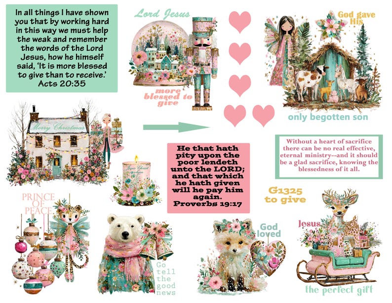 May include: A festive collage featuring Christmas illustrations and text. The images include a snow globe, a nutcracker, a nativity scene, a house, a candle, a deer in a sleigh, a fox, a polar bear, and a leopard. The text includes Bible verses and seasonal greetings.