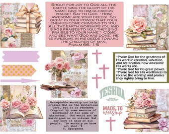 Peut inclure: Un collage avec des éléments floraux et religieux. Des roses roses ornent des livres et le mot « Jésus » est visible. Le texte comprend des versets bibliques et des phrases comme « Made to Worship » et « Yeshua ».