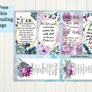 May include: Six printable Bible journaling tags with floral and succulent designs. Each tag features a different Bible verse and a gold geometric frame. The verses are: "I am the daughter of a king who is not moved by the world for my God is with me and goes before me. I do not fear because I am HIS." "For God is good and He loves goodness; the godly shall see His face." "Fear not, for I am with you; be not dismayed, for I am your God. I will strengthen you, I will help you, I will uphold you with my righteous right hand." "For salvation comes from God. What joy He gives to all His people."  "If My people, who are called by My name, will humble themselves and pray and seek My face and turn from their wicked ways, then I will hear from heaven and will forgive their sin and will heal their land."