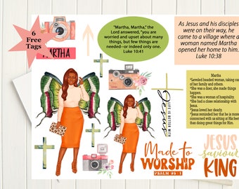 May include: A digital printable sticker sheet with a woman with brown skin and long black hair wearing a white shirt and an orange skirt. She has butterfly wings and is holding a leopard print clutch. The sticker sheet also includes a cross, a camera, and the text "Made to Worship" and "Jesus Saviour King".