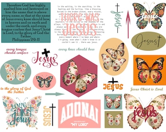 May include: A collection of butterfly and cross designs with floral patterns and the word "Jesus" in various fonts. Text includes Bible verses and phrases like "Love Like Jesus" and "Adonai, My Lord."