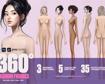 360 Female Figures (Ultimate Pack!) - 15 Colored Fashion Figure - 15 Fashion Croquis + 35 Outfit Options (Digital + Printing Friendly!)