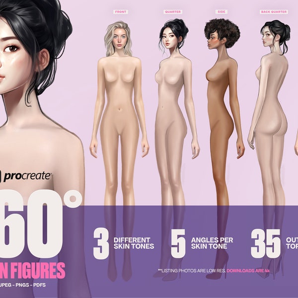 360 Female Figures (Ultimate Pack!) - 15 Colored Fashion Figure - 15 Fashion Croquis + 35 Outfit Options (Digital + Printing Friendly!)