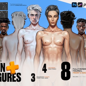 Men Figure Templates (Front + Back), 8 Male Fashion Coqui-COLORED skin tones + 3 Procreate figure stamps (Pngs / Jpegs / Pdfs)