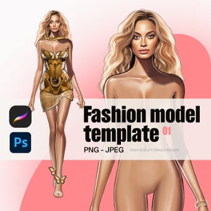 May include: A digital illustration of a fashion model template. The model is nude with long blonde hair. The template is labeled "Fashion model template 01" and "PNG - JPEG, High Quality Single Render".