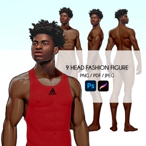 May include: A 9-head fashion figure template for digital illustration. The figure is wearing a red tank top with the Adidas logo. The figure is shown in different poses, including standing, walking, and turning.
